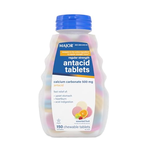 Major Regular Strength Antacid Tablets - Calcium Carbonate 500 mg - Assorted Fruit Flavor - 150 Chewable Count (1 Pack)