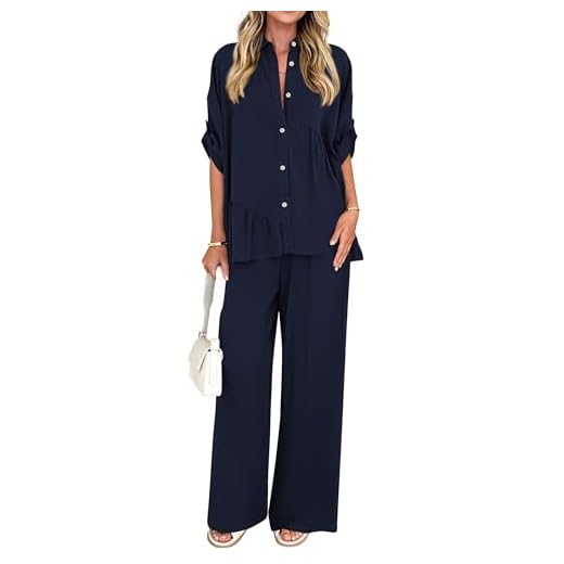 KIRUNDO Two Piece Sets for Women Spring Outfits 2026 Summer Fall Dressy Casual Button Down Shirt Wide Leg Pants Lounge Set(Navy Blue, Medium)