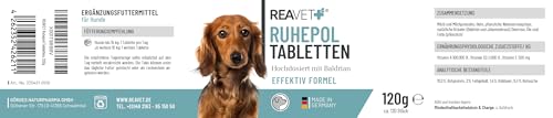 ReaVET Ruhepol Tabletten für Hunde 120 Stück – mit Baldrian und Johanniskraut I Wohlfühlen, Umzug, Silvester, Verlust mit hoher Akzeptanz