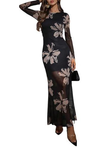 SweatyRocks Damen Kleider Elegant Blumenmuster Kleid Langarm Rundhals Maxikleid Durchsichtig Netz Abendkleid Lang Blumenkleid Freizeitkleid Schwarz S