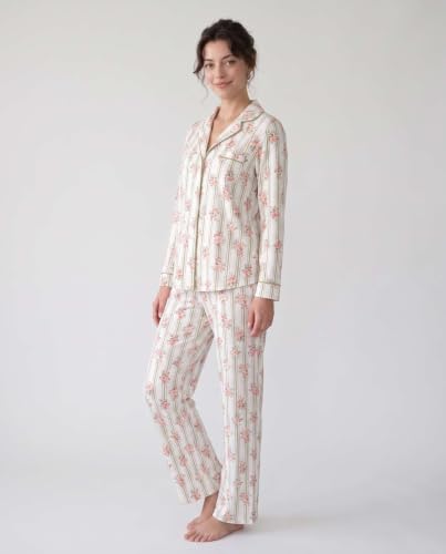 Image of Laura Ashley Women's Plush Knit Pajamas 2 Piece Ultra Soft Brushed Long Sleeve Button Down Top and Pants Sleepwear Set
