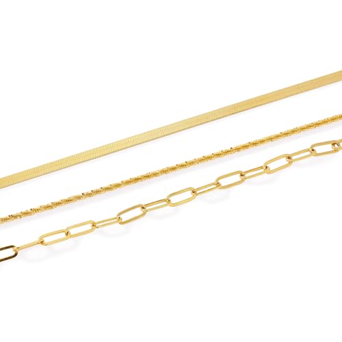 JTV Stackable Bracelets for Women – 18K Yellow Gold Over Sterling Silver – Herringbone, Paperclip & Crisscross Link Chains – Includes Elegant Gift (7.5", Set of 3)3