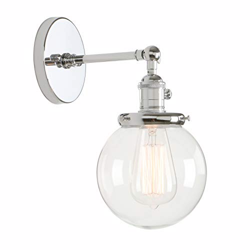Permo Vintage Industrial Wall Sconce Lighting Fixture with Mini 5.9" Round Clear Glass Globe Hand Blown Shade (Chrome)
