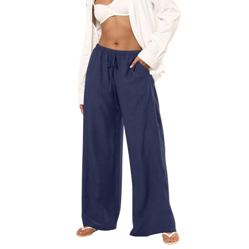 Wide Leg Linen Pants for Women Casual Summer Flowy Palazzo Pants Drawstring Loose Fit Yoga Beach Pant with Pockets2