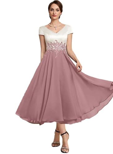 HUINI Damen Brautmutterkleider für Hochzeit Tee Länge V-Ausschnitt Chiffon Applikationen Spitze Hochzeitsgastenkleid formelles Abendkleid Elegant...