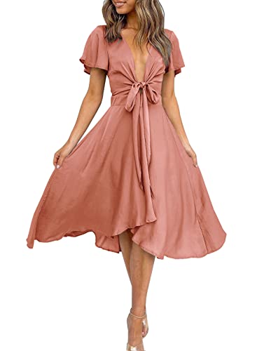 Image of miduo Womens Satin V Neck Ruffle Short Sleeve Tie Front High Waist Midi A-Line Maxi Dresses