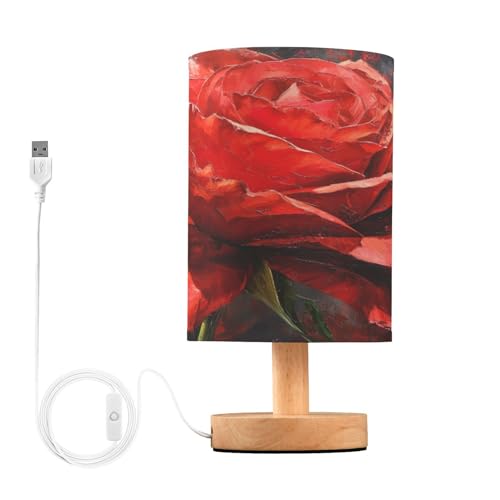 SDMKA Rose Oil Painting Bedside Table Lamp for Bedroom, Minimalist Nightstand Lamp with Round Fabric Shade for Living Room, Office, No Bulb Required