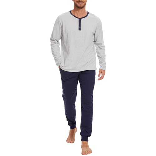 Men's Pajama Set with Henley Neckline 100% Cotton Soft and Comfortable Nightwear 2-Piece Lounge Set