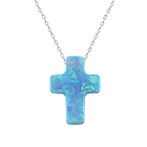 ZS Blue Opal Cross Pendant Choker Necklace Sterling Silver Charming Collar Necklace