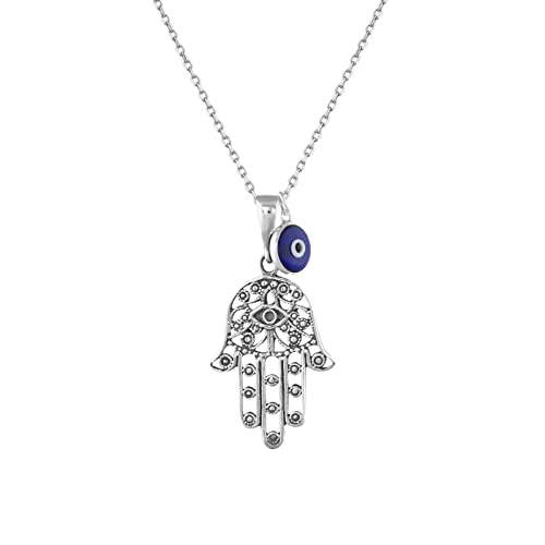 MYSTIC JEWELS By Dalia - Collar Hamsa de Plata de ley 925 con un dije de mal de ojo de 7 mm colgando (Filigrana)