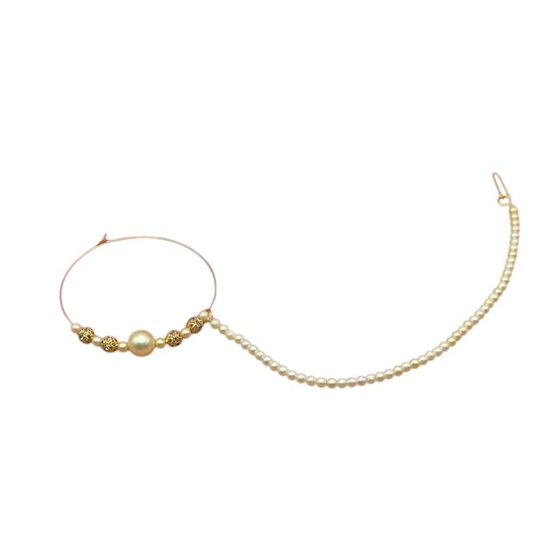 MANBHAR GEMS - Pearl Beads Gold Plated Traditional Piercing Delicate Nose Ring/Nath Pearl Chain for Bridal Women and Girls Pack of 1 Wedding Fashion Jewellery-image-15