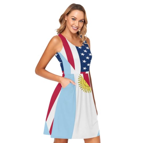 Vestido de verano con bandera de EE. UU. mini diseño sin mangas y bolsillos para mujer