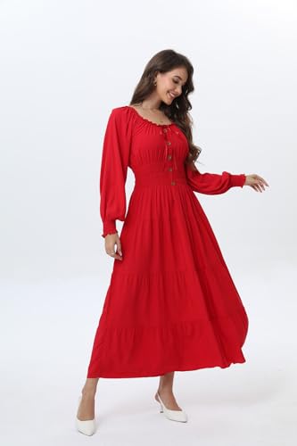 Image of OSTOO Women's 2026 Casual Long Sleeve Square Neck Smocked High Waist Flowy Maxi Dress,Boho Tiered Beach Party Dress