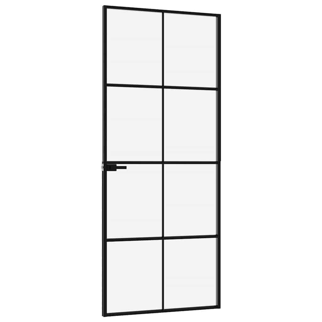 vidaXL Innentür, Zimmertür Komplettset 83x201,5cm, Glastür mit Griff Eisenschloss, Drehtür Tür aus Glas, Modern, Schwarz Hartglas Aluminium Schlank
