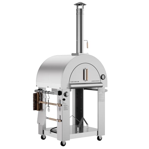 Empava Oven with Open Shelf and Wheels, LPG & Wood Fired BBQ Pizza Maker for Grill & Outside Camping Backyard Party in Stainless Steel, 39 Inch, Silver