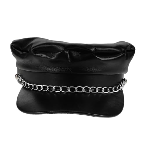PU Chain Newsboy Cap Vintage Sailor Fiddler Bakerboy Flat Hat for Autumn Winter Versatile Accessory for Daily Wear Parties and Travel Black