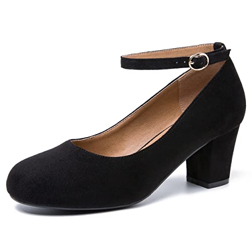 Women's Ankle Strap Heels Removable Bow Closed Toe Low Chunky Heels Pumps Mary Jane Dress Shoes