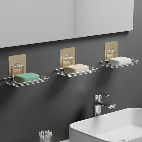 Image of Stainless Steel Soap Holder for Bathroom Stickable | Single Layer Wall Mounted Soap Dish Holder | Self Adhesive No Drill Waterproof Soap Tray | Bathroom Accessories (Set of 3)