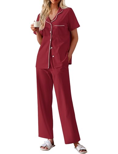 Image of Ekouaer Women's 100% Cotton Pajamas Set Short Sleeve Button Down Pjs 2 Piece Soft Sleepwear with Long Pants Lounge Set
