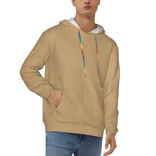 Mens Hoodie Pullover Casual Long Sleeve Drawstring Top Khaki Print Hooded Sweatshirt With Pocket