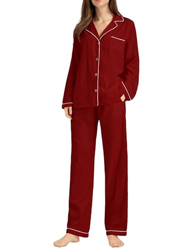 Image of Womens Muslin Pajama Set 100% Cotton Double Gauze Linen Like | Breathable Soft Comfort Button Up Loungewear Sleepwear PJ Set