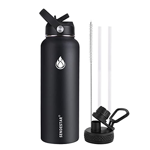 Image of SENDESTAR Stainless Steel Water Bottle, Insulated Water Bottle 40 oz with New Straw Lid or Spout Lid Keeps Liquids Hot or Cold with Double Wall Vacuum Insulated Bottle (Black)