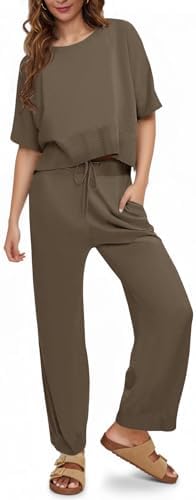 Fisoew Womens 2 Piece Outfits Sweater Sets Knit Split Crop Tops High Waisted Pants Lounge Set