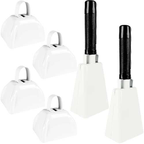 6 Pack Cow Bells Set with Handle Cheering Bell Hand Percussion Musical Instrument Loud Noise Makers for Sporting Events Football Games Stadiums, 2 Styles