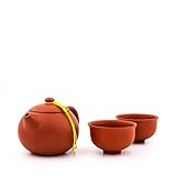Die Yixing Teekanne hat ein Fassungsvermögen von 180 ml und die Tassen von 60 ml. Maße: Teekanne Durchmesser 8,5 cm, Höhe 8 cm; Tasse Durchmesser 7 cm, Höhe 4,2 cm. Farbe des Bandes kann variieren.
