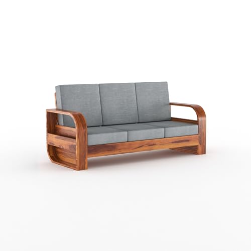 Image of Sheesham Wood 5-Seater Sofa Set - Solid Wood Furniture with Honey Finish & Grey Cushions | Wooden Sofa for Living Room & Home Office