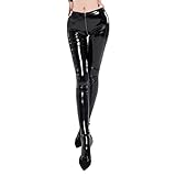 Oyolan Damen Leggings Sexy Lederhose Lederoptik Hose Wetlook mit Reißverschluss Low Waist Skinny Party Gogo Clubwear Schwarz L