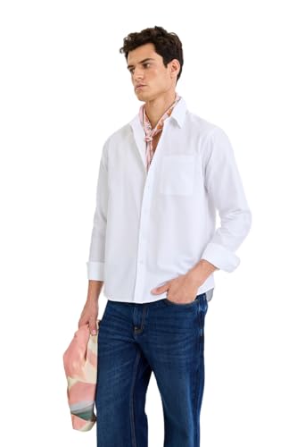Image of SNITCH Men Casual & Semi-Formal Shirt | Regular Fit Long Sleeve Button-Down Collar Solid Oxford Style | 100% Cotton Breathable Fabric for Office, Date Night