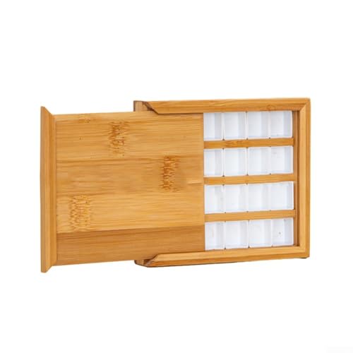 RANRAO Paleta de pintura de bambú vacía portátil, 24 cuadrículas, paleta de pintura de acuarela de madera de bambú, caja vacía con tapa, bandeja de paleta de madera para arte de madera, contenedor de