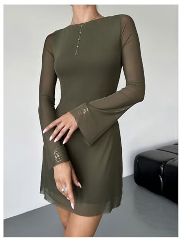 Image of GORGLITTER Women's Bell Long Sleeve Mini Dress Y2k Fall 2025 Mesh Boat Neck Going Out Club Bodycon Short Dress