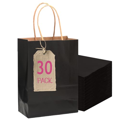 qiqee 30-Packs Black Gift Bags with Handles Bulk 4.5x2.5x6 Mini Size Kraft Party Paper Bags