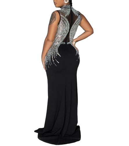 Image of Nagfar Women Rhinestone Sexy Dress with Slit & Sheer Mesh Club Dresses Brithday Party Evening Gown Night Outfits(SK3127-Black-S)