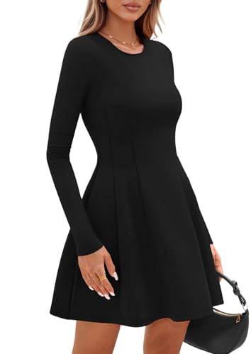 PRETTYGARDEN Long Sleeve Mini Dress for Women 2025 Fall Crewneck Knit Pleated Babydoll A Line Soft Casual Short Party Dresses4