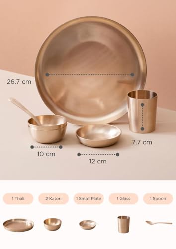 Image of Indian Dining Collection Bronze Dinner Set for Traditional Meals | Handcrafted Kansa Thali Set with Bowls, Glass (Matte Finish | 6-Piece (Serves 1))