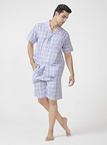 DAVID ARCHY Men's Lightweight Sleepwear Woven Cotton Button-Down Short Sleeve Lapel Collar Pajamas Set Summer Loungewear (M, Light Blue Stripe)2