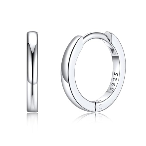 Silvora Aros Mujer Plata Pequeños 10mm Pendientes Planos Oro Blanco Huggie Earrings Plata de Primera Ley Joyería Preciosa Madre Pareja Regalo
