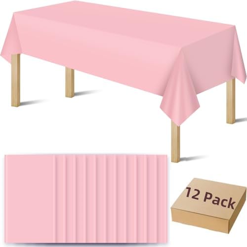 Plastic Table Cloth Disposable 12 Pack, 54 x 108 Inch Table Cloths, Pink Plastic Tablecloths for Rectangle Tables Pink Disposable Table Cloths for Graduation Parties Birthday Wedding Christmas Table