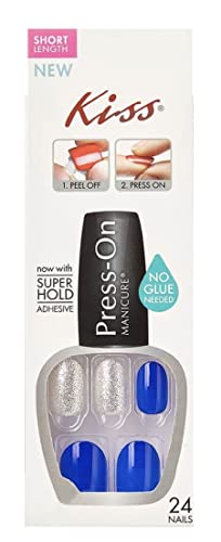 Kiss Press-On Glossy Blue Short Length Oval Shape Nails DPIM08 Pitch Perfect (Silver Glitter Accent Nails)