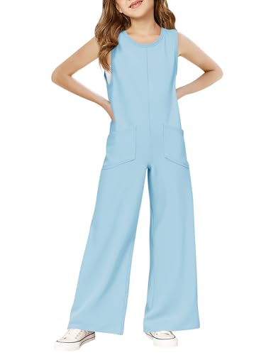 Haloumoning Girls Jumpsuits Kids Fashion Sleeveless Wide Leg Loose Romper with Pockets One Piece Summer Outfits