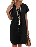Zeagoo Leinen Kleider Damen Kurzarm Sommerkleid Knielang Strandkleid V Ausschnitt Sommer Blusenkleid Hemdblusenkleider mit Taschen Schwarz M