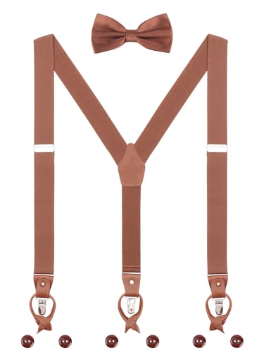 WANYING Herren Hosenträger Fliege Set 2 WAY TO WEAR 6 Leder Knopfloch 3 Clips Y-Form 3 5cm Breit Verlängerte Hosenträger für Körpergröße 160-200cm - Braun