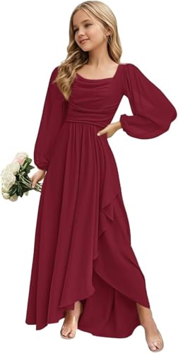 Long Sleeve Junior Bridesmaid Dress Ruffle Square Neck Flower Girl Dress for Wedding Party Pageant Gowns