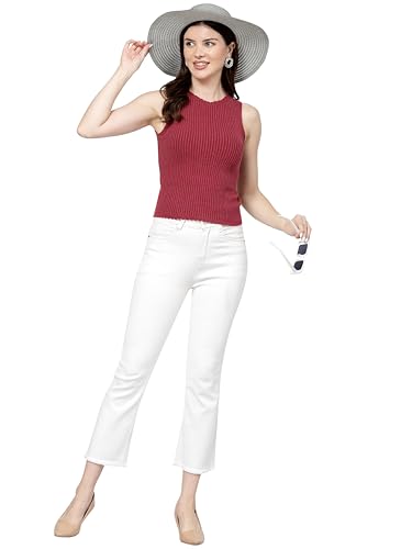 Image of Kalt Womens Knitted, Ribbed Cotton Fitted Sleeveless Round Neck Cami Tank Top