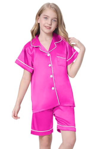 Image of Schbbbta Girls Womens Pajamas, Satin Silky Pjs Set Kids 2Pcs Button-Down Nightwear Sleepwear Gift for Mommy and me