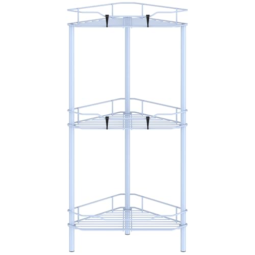Image of HuggieGems 3 Tier Floor Standing Corner Shower Caddy Organizer Shelf with Hooks, Bathroom Shelves Stand Rack, Blue