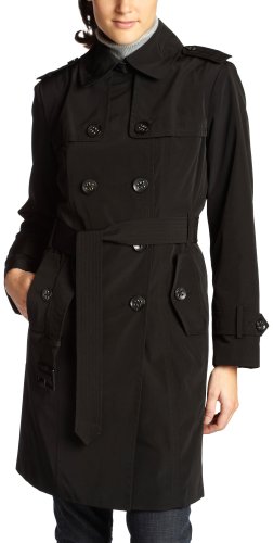 London Fog Women's Petite Faux Silk Double Breasted Trench with Zip Out Liner,Black,Petite Large